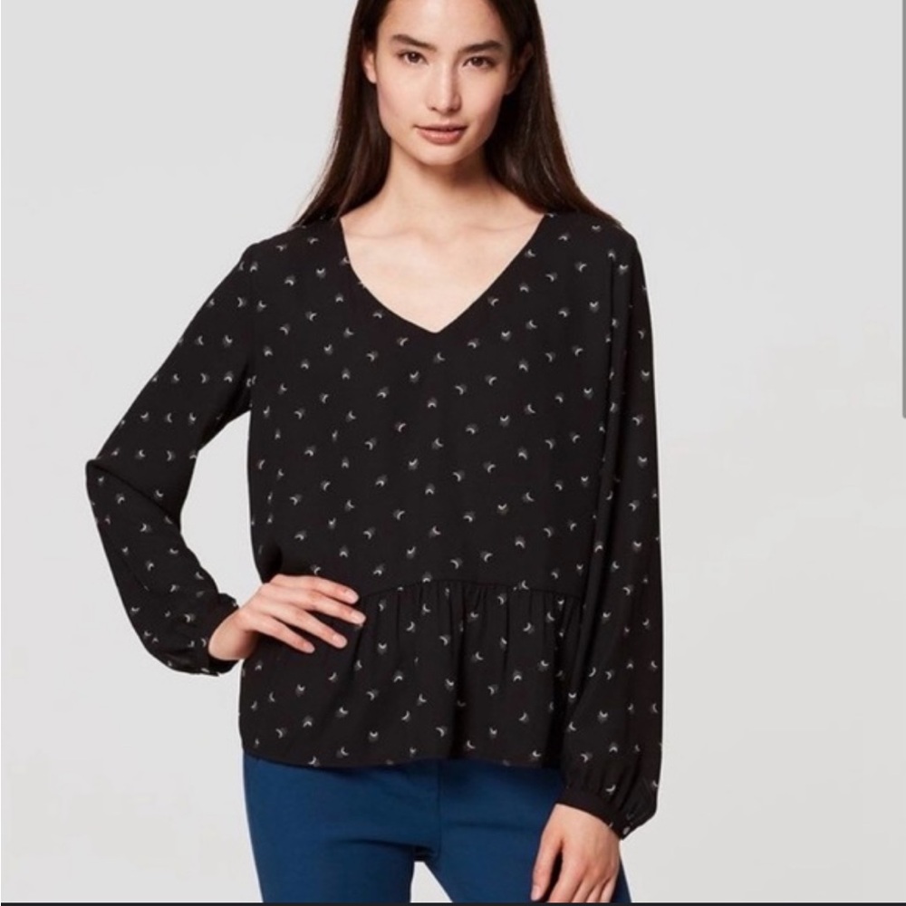 LOFT Long Sleeve V-Neck Crescent Moon Peplum Ruffle Top